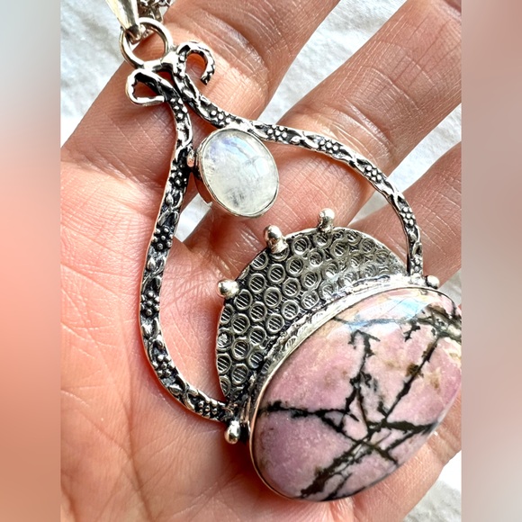 925 Pink Peruvian Opal + Moonstone Necklace Pendant - Picture 5 of 7